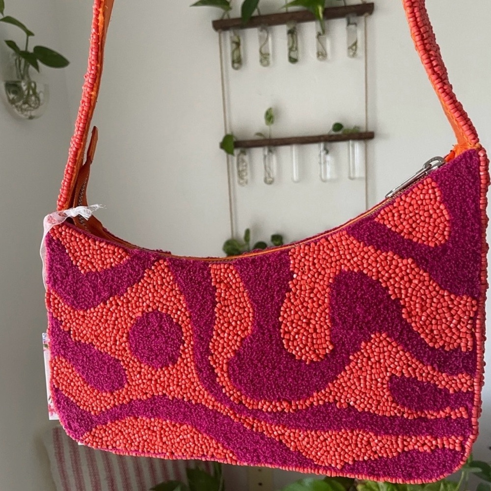 Beaded Shoulder Bag Colorblock Orange & Fuchsia - Picture 5 of 7